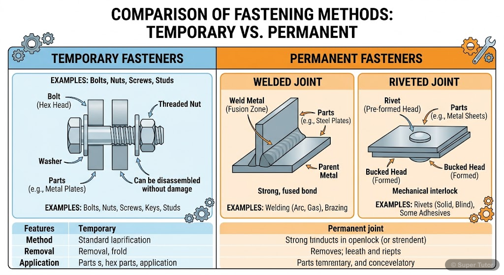A comparison chart illustrating temporary and permanent fasteners, with examples for each type. Temporary fasteners like bolts and nuts can be easily separated, while permanent fasteners like welds an