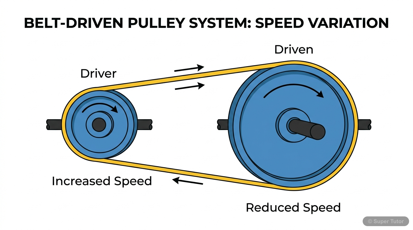 A diagram illustrating a basic pulley and belt drive system, showing a driver pulley, a driven pulley, and a connecting belt. Labels indicate the driver, driven, and direction of rotation. Also shows 