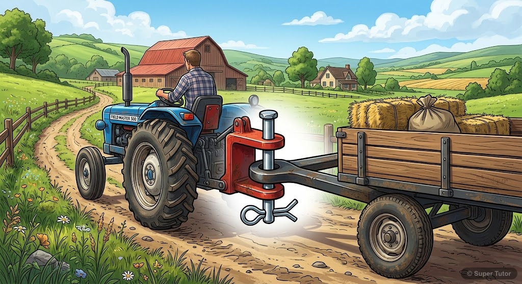 An illustration showing a tractor and its trolley connected by a simple pin or cotter joint, highlighting the connection point to demonstrate the basic concept of a rod joint.