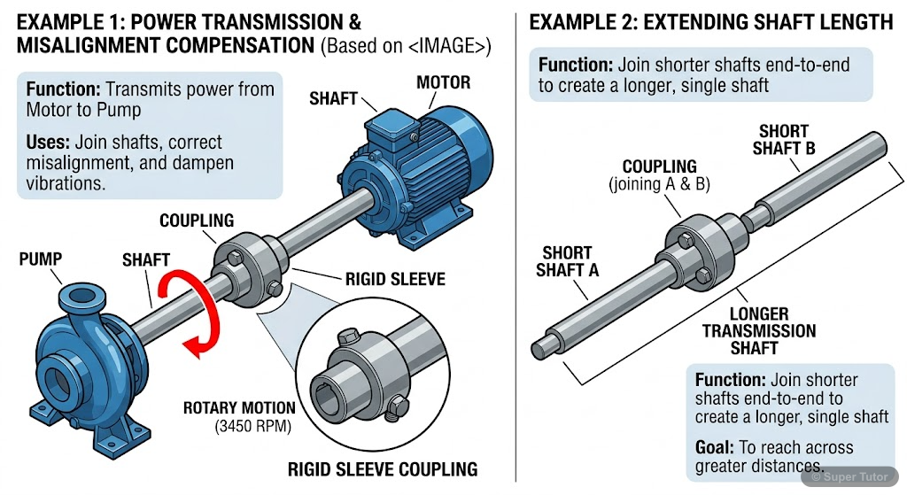 An illustration showing two scenarios where shaft couplings are used: (a) connecting shafts of different machines (e.g., motor to pump) and (b) extending a long transmission shaft by joining two short