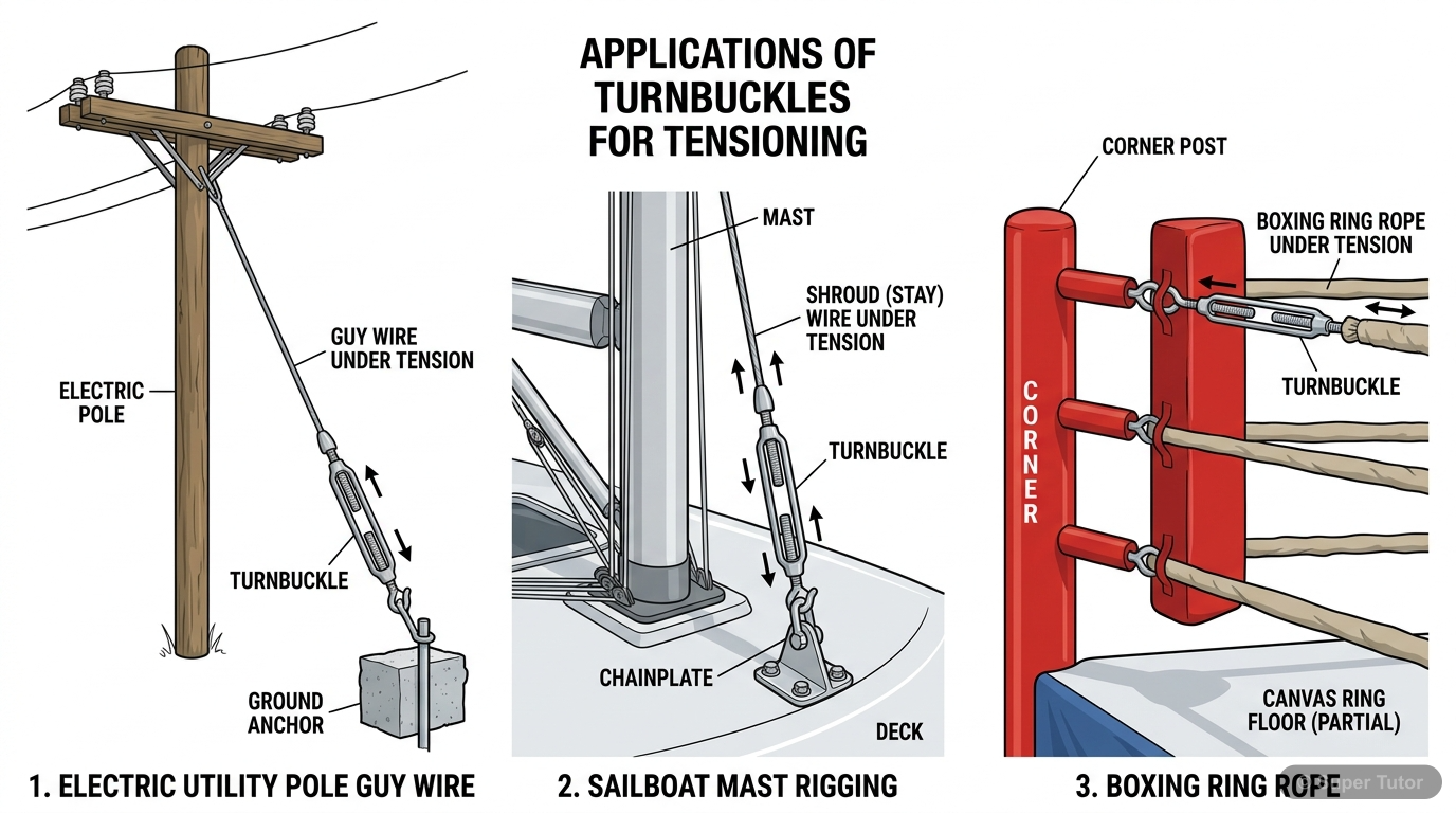 An illustration showing various real-world applications of a turnbuckle, such as electric pole guy wires, sailboat rigging, and boxing ring ropes, highlighting how they are used to adjust tension.