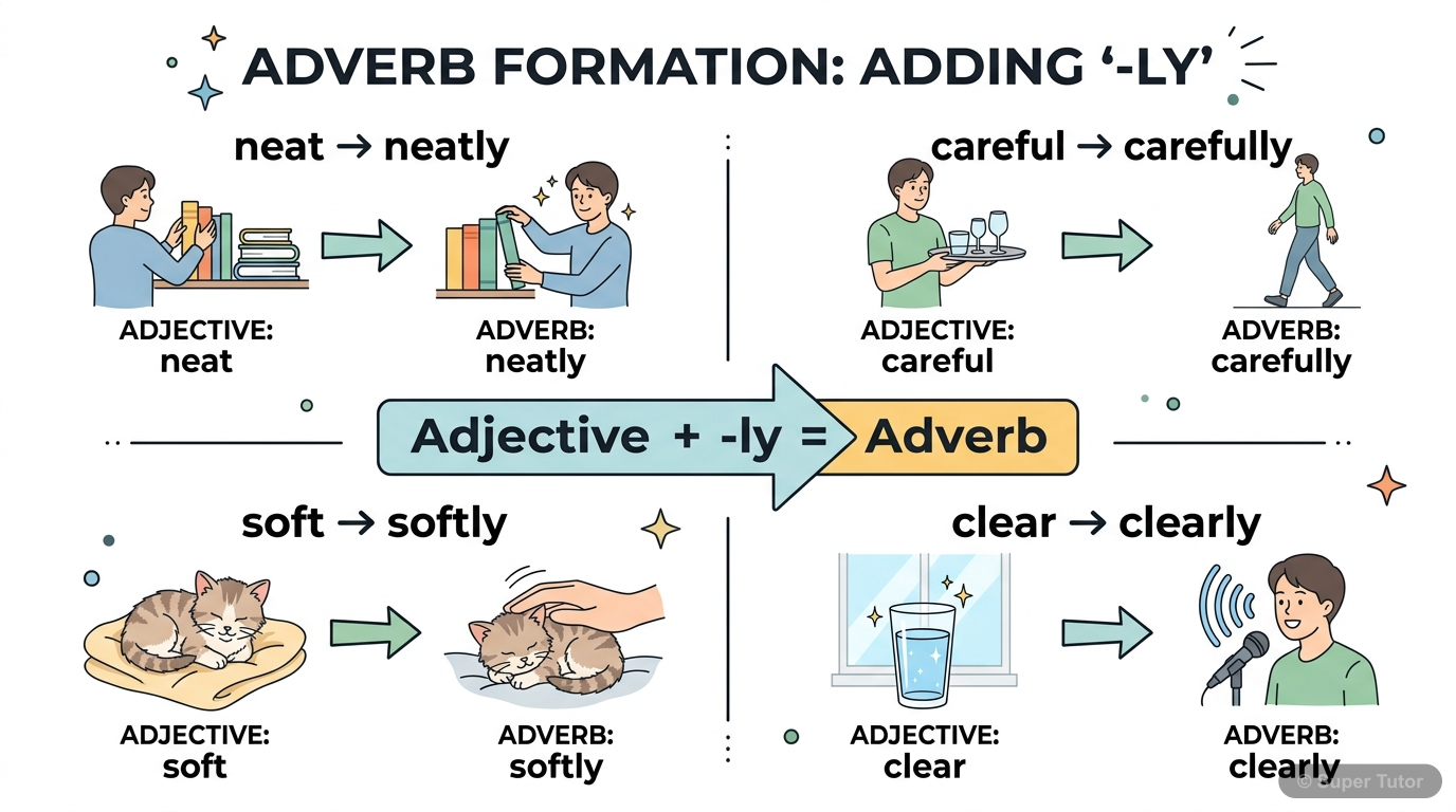 Adverb Formation from Adjectives An infographic demonstrating how many adverbs are formed by adding '-ly' to adjectives, with clear examples.