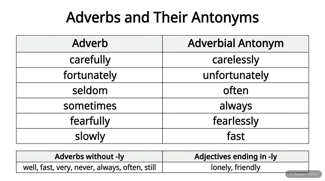 A comparison chart illustrating examples of adverbs and their corresponding adverbial antonyms, as well as common adverbs that do not follow the '-ly' rule.
