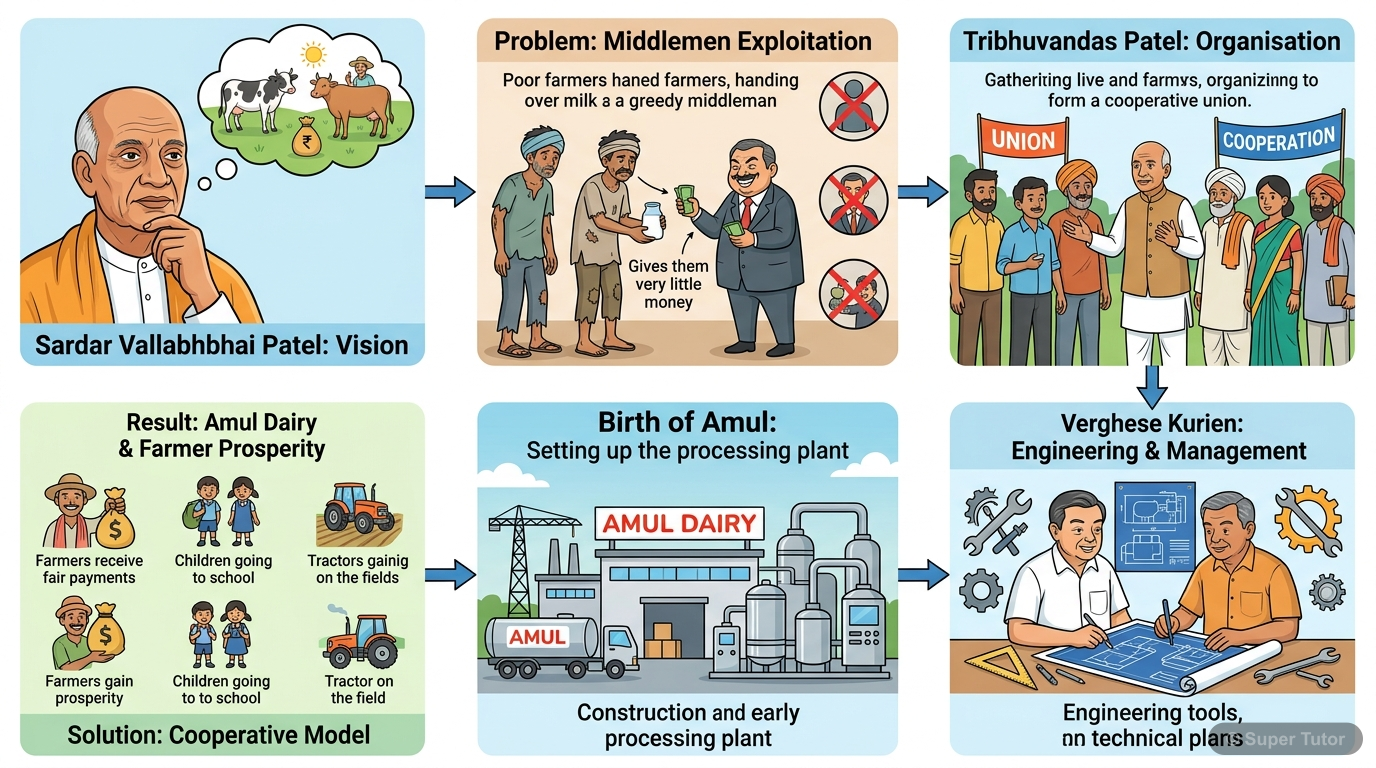 An infographic detailing the key figures (Sardar Vallabhbhai Patel, Tribhuvandas Patel, Verghese Kurien) and the sequence of events that led to the formation and success of the Amul Dairy cooperative,