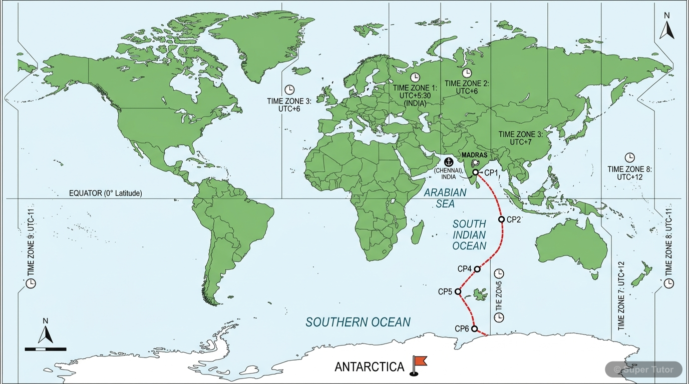 Journey to Antarctica from Madras A map illustrating the author's journey from Madras (Chennai) to Antarctica, highlighting the crossing of nine time zones, six checkpoints, three bodies of water, and multiple ecospheres.