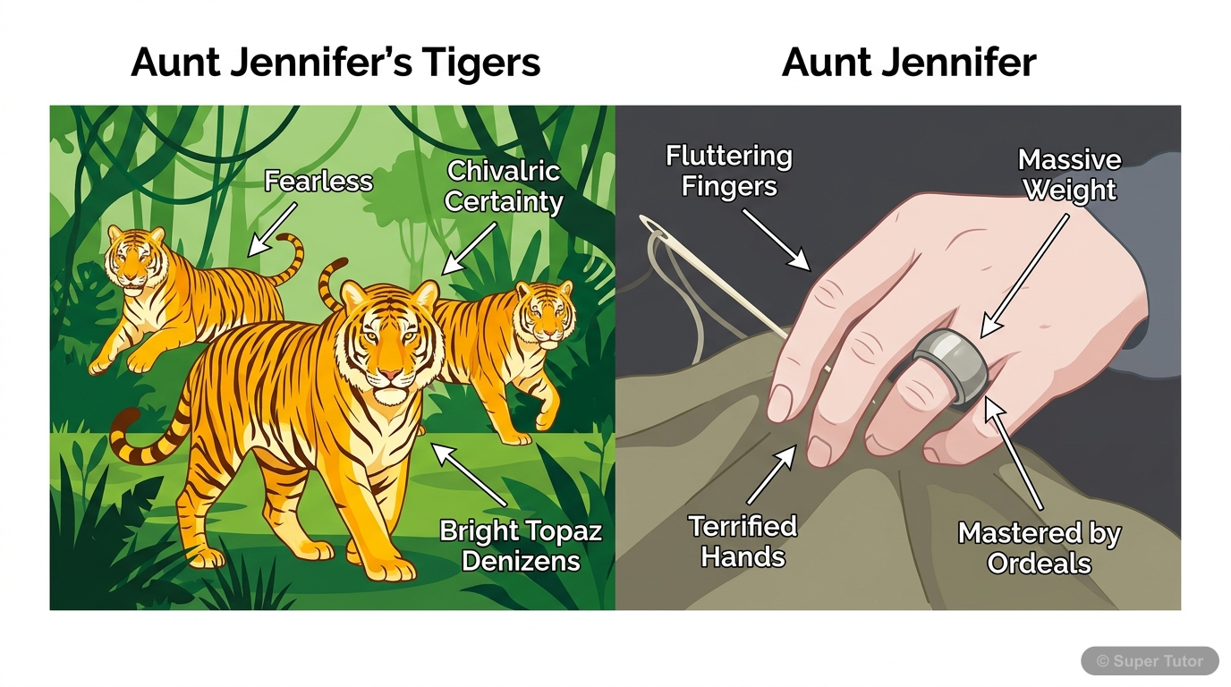 An infographic illustrating the stark contrast between the freedom and power of Aunt Jennifer's embroidered tigers and the constrained, burdened life of Aunt Jennifer herself, highlighting key symbols