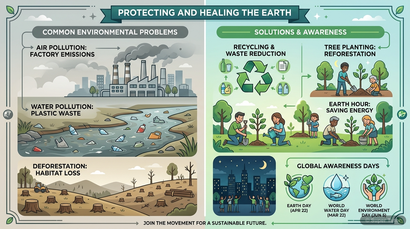 An infographic illustrating key environmental issues like pollution, deforestation, and resource depletion, alongside actions for awareness and protection.