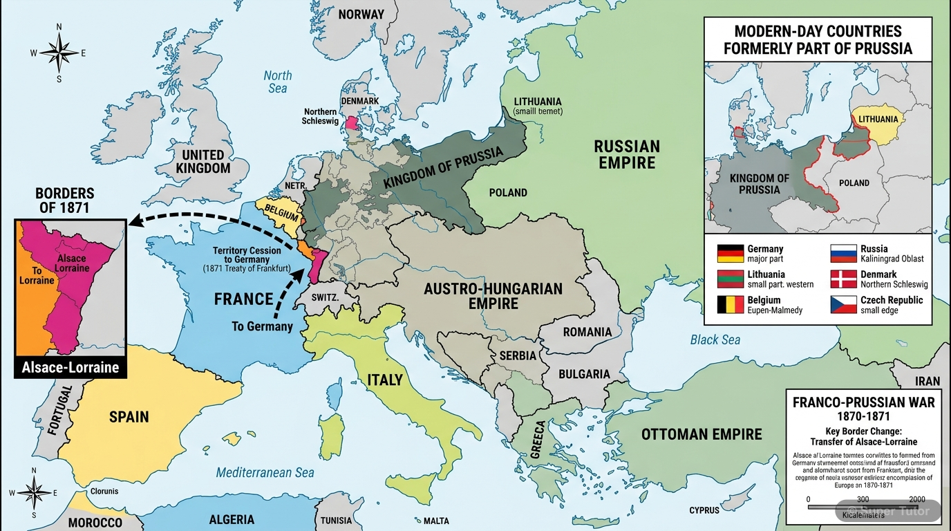 A historical map showing the territories involved in the Franco-Prussian War (1870-1871), highlighting France, Prussia (including modern-day Germany, Poland, and parts of Austria), and specifically th