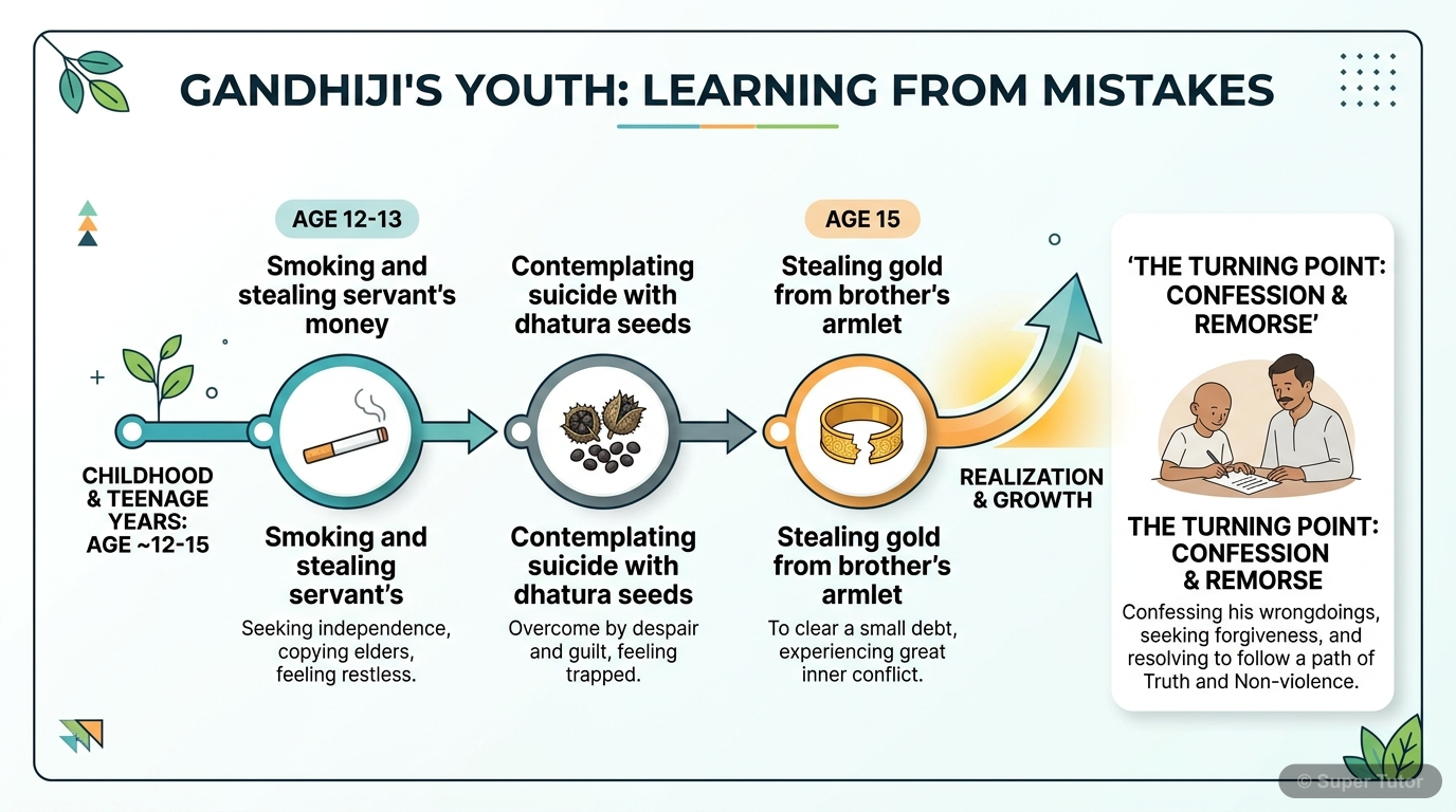 Gandhiji's Childhood Mistakes Timeline A timeline illustrating Gandhiji's early mistakes (smoking, stealing servant's money, contemplating suicide, stealing gold from armlet) and the age at which they occurred, leading to his eventual aton