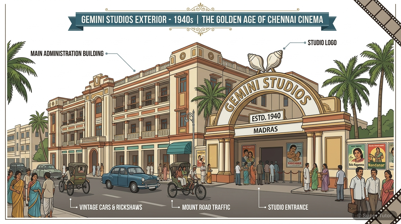 An illustration of the Gemini Studios building in Chennai as it might have looked in the 1940s, capturing the architectural style of the era.