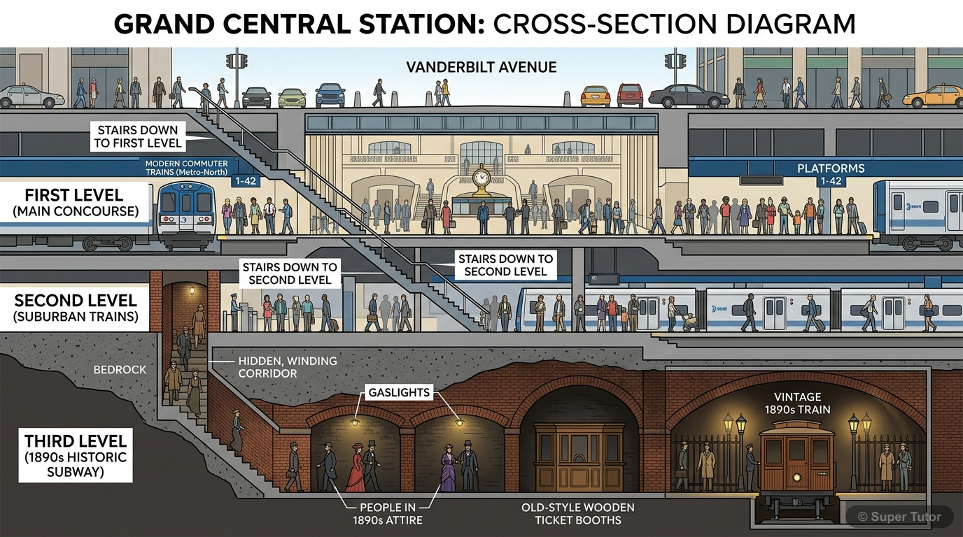 A cross-section diagram showing the imagined three levels of Grand Central Station, with the first two levels representing the modern station and the third level depicting the anachronistic, 1890s-era