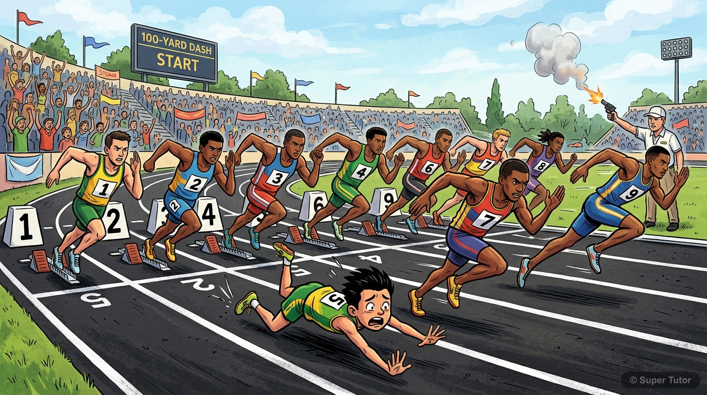 An illustration depicting the beginning of a hundred-yard dash where athletes are poised at the starting blocks, and one smallest athlete stumbles and falls to the asphalt.