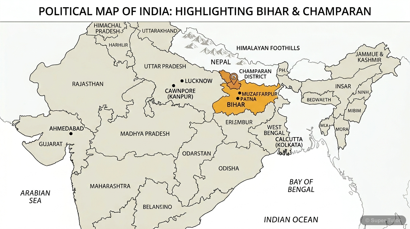 A map of India highlighting the location of Champaran district in Bihar, near the Nepal border and the Himalayas, along with other key cities mentioned like Lucknow, Cawnpore (Kanpur), Ahmedabad, Calc