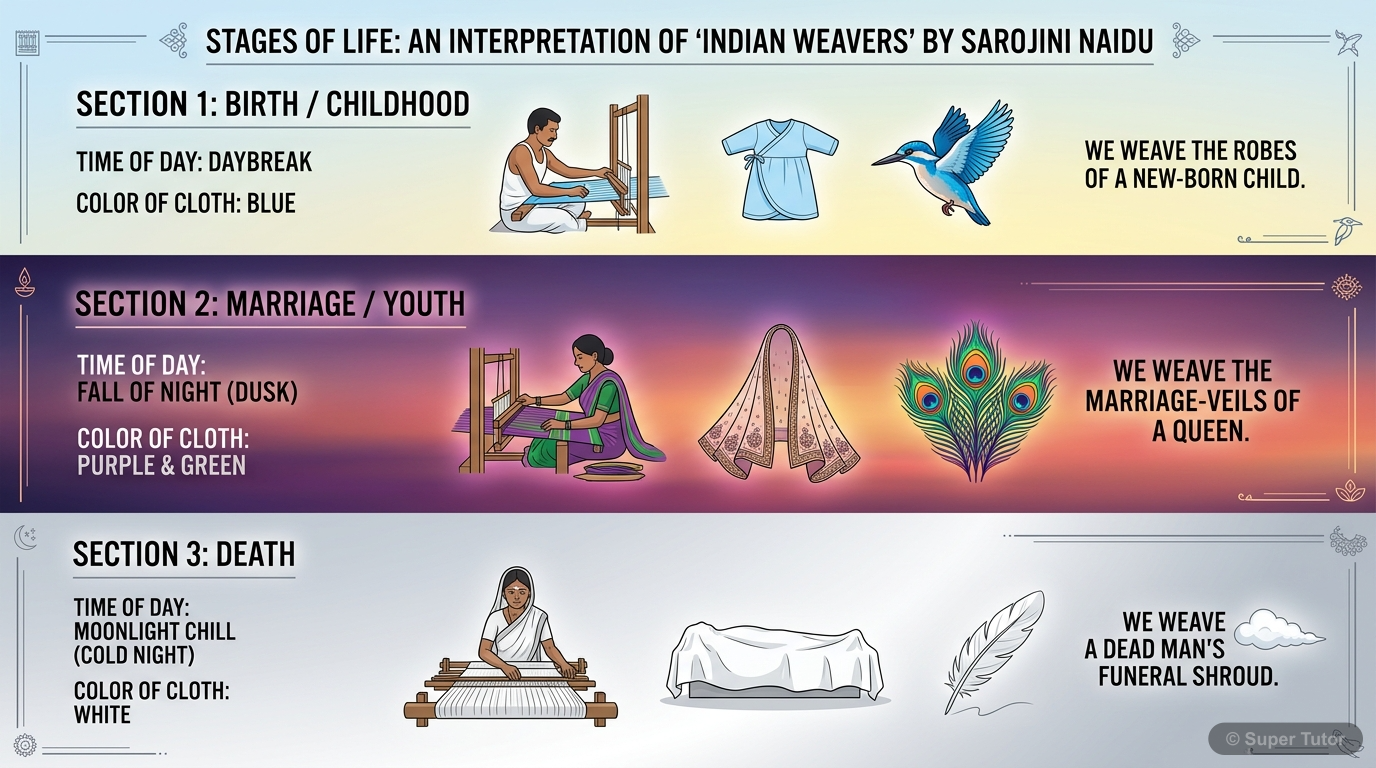 An infographic illustrating the three stages of human life (birth, marriage, death) as depicted in Sarojini Naidu's 'Indian Weavers', showing the corresponding time of day, colour of cloth, and symbol