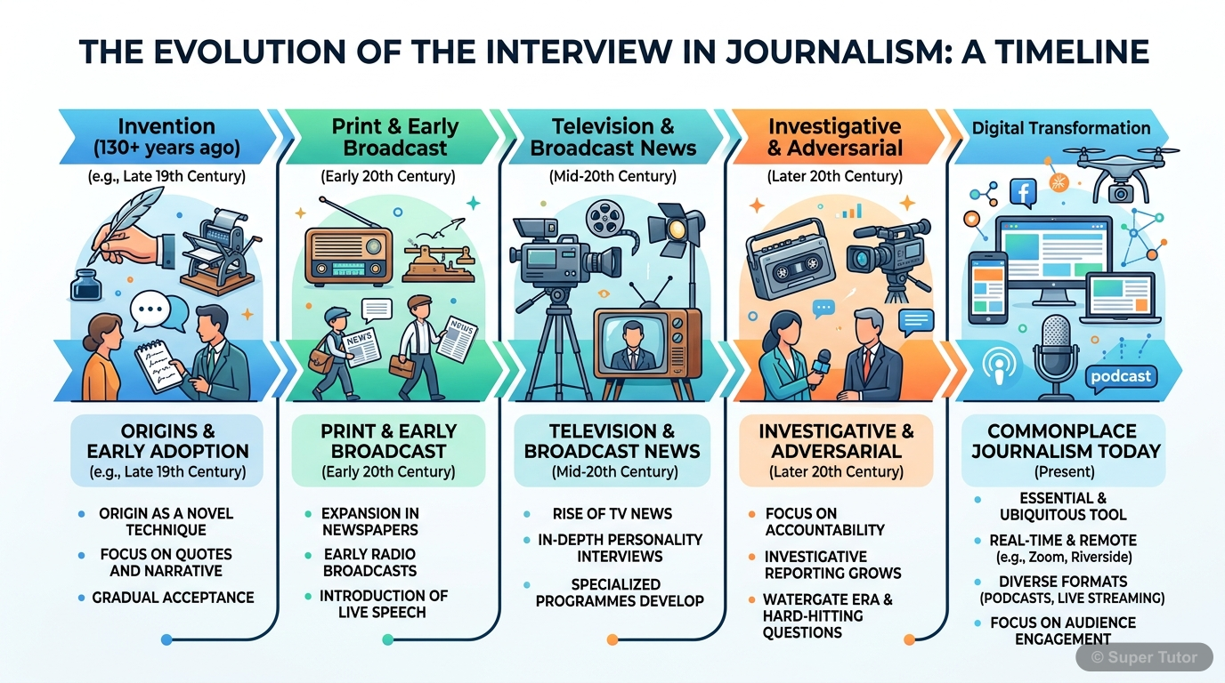 A timeline showing the invention of the interview and its development into a commonplace journalistic tool over 130 years, highlighting key milestones or periods.
