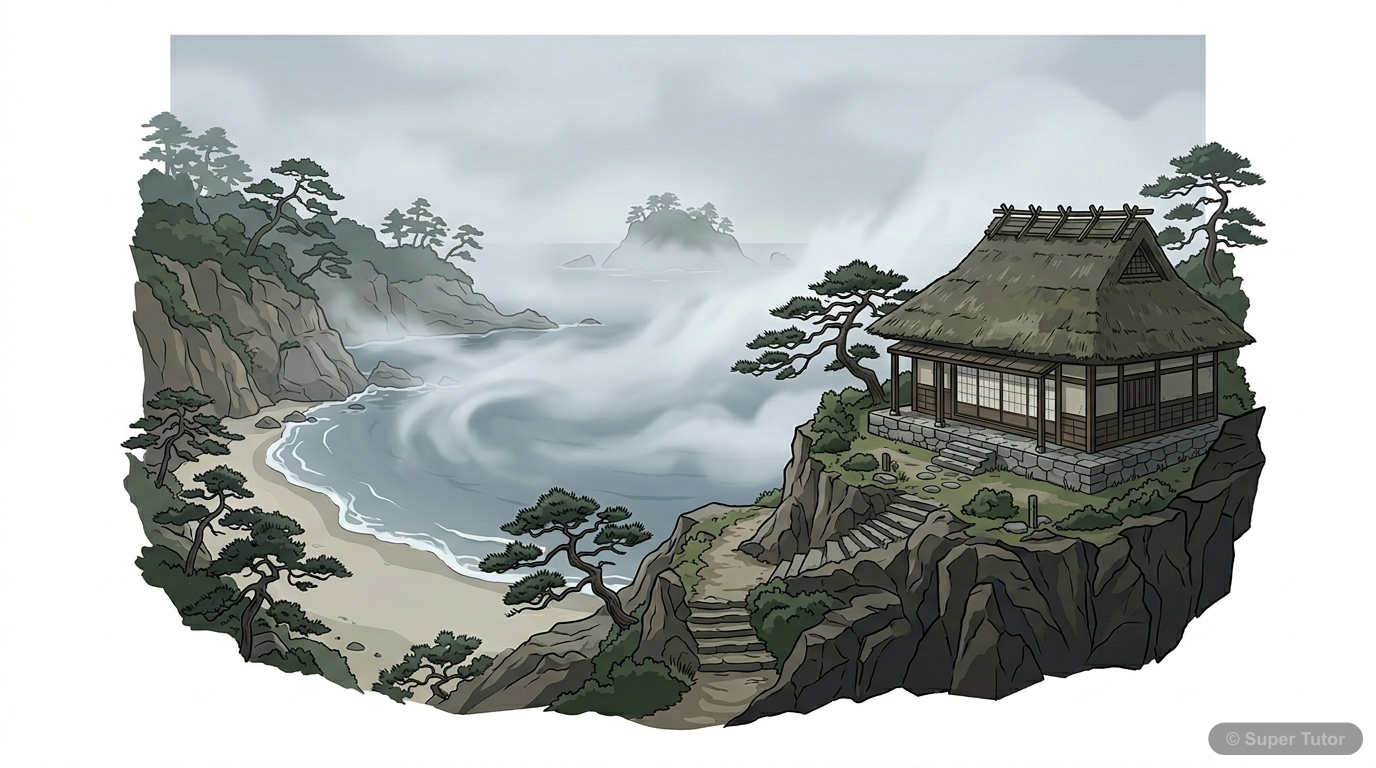 An illustration of Dr. Sadao Hoki's house, a low, square stone house, set upon rocks well above a narrow beach outlined with bent pines, with the ocean and a small island in the background. Depict the
