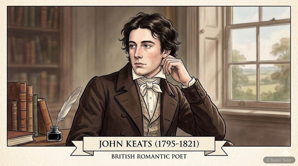 An illustration of John Keats, the British Romantic poet, looking thoughtful or inspired.