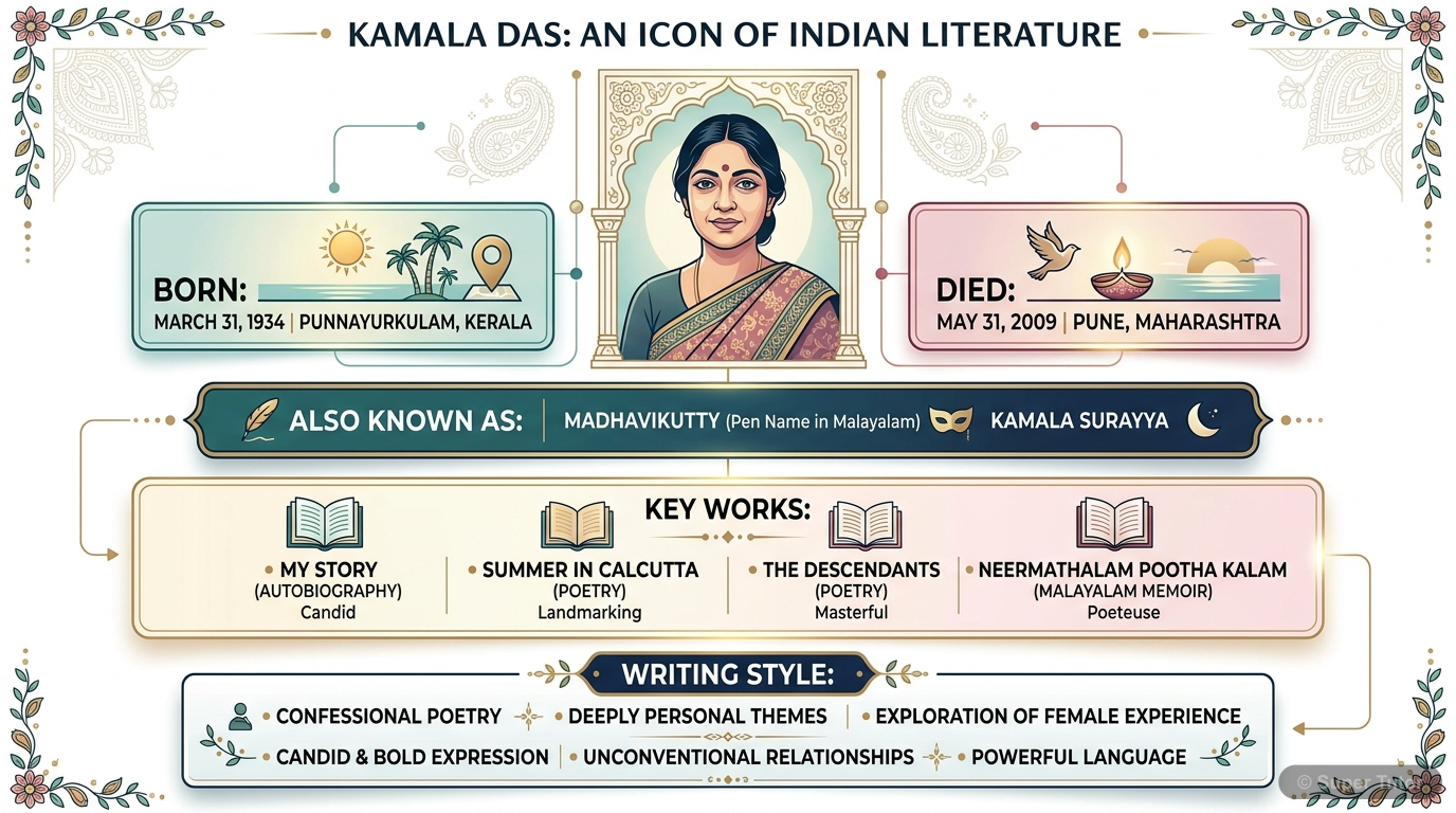 An infographic detailing key biographical information about Kamala Das, including birth/death years, birthplace, key literary achievements, and writing style.