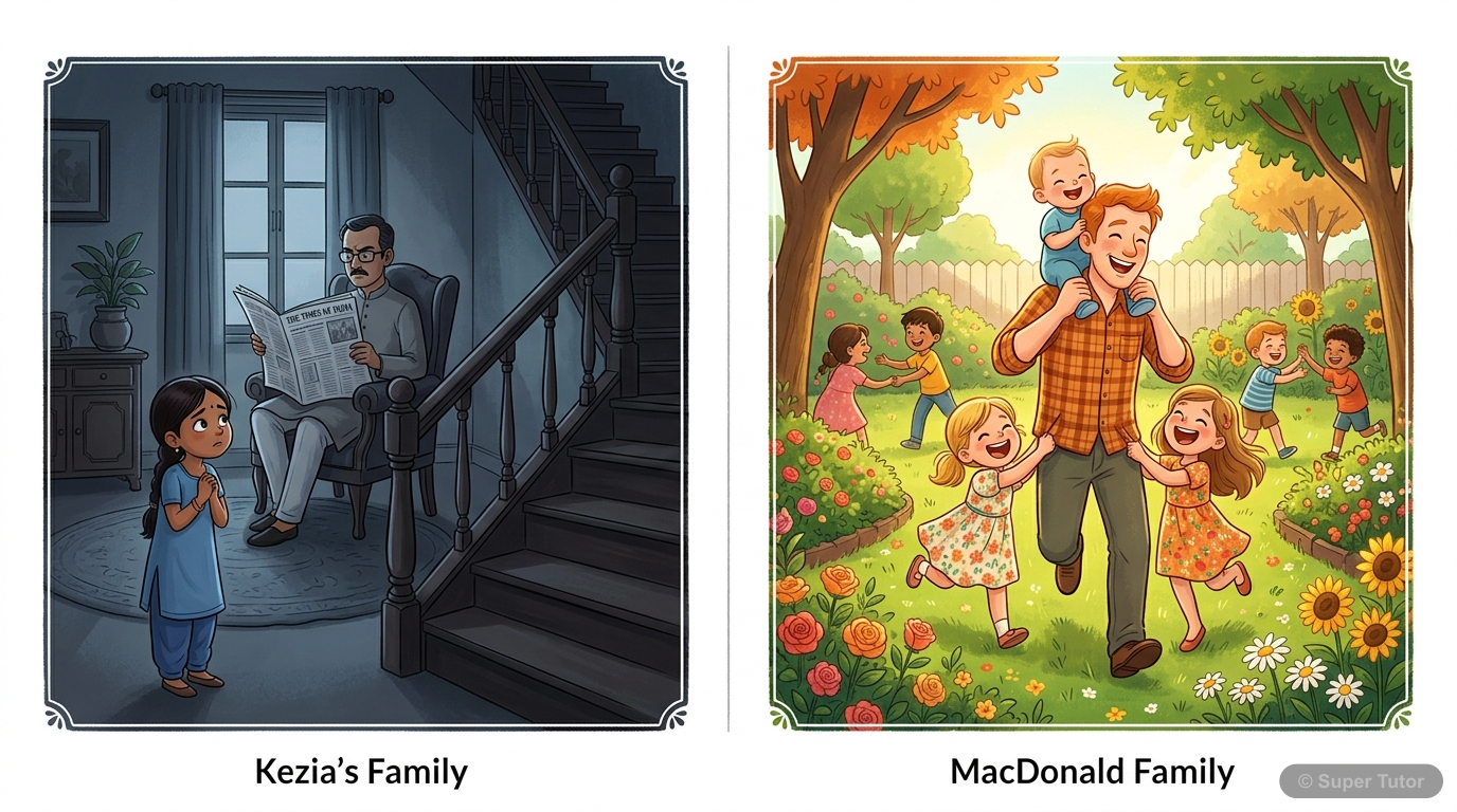 An illustration contrasting Kezia's fearful and distant relationship with her father with the warm, playful, and affectionate relationship of the MacDonald family next door. Kezia is shown timidly obs