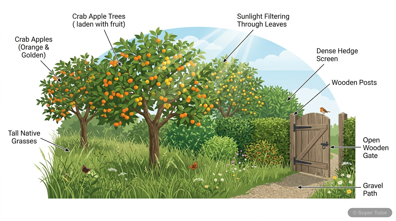 An illustration depicting Mr. Lamb's garden as described in Scene One, with long grass, crab apple trees, bushes, and a gate. Emphasize a slightly wild, welcoming, and natural feel.