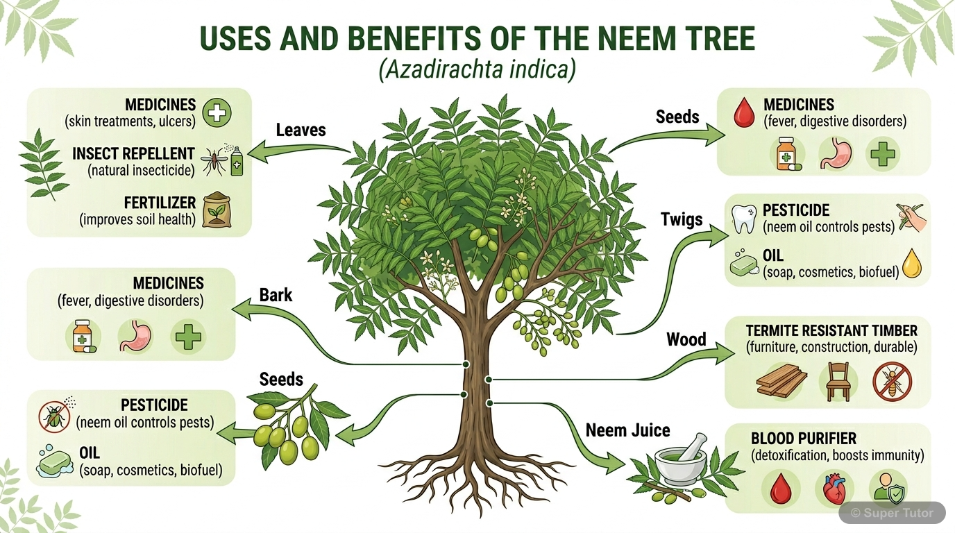An infographic illustrating a neem tree with its various parts (leaves, bark, seeds, twigs, wood, juice) clearly labeled, and arrows pointing to corresponding uses and benefits (medicines, pest contro