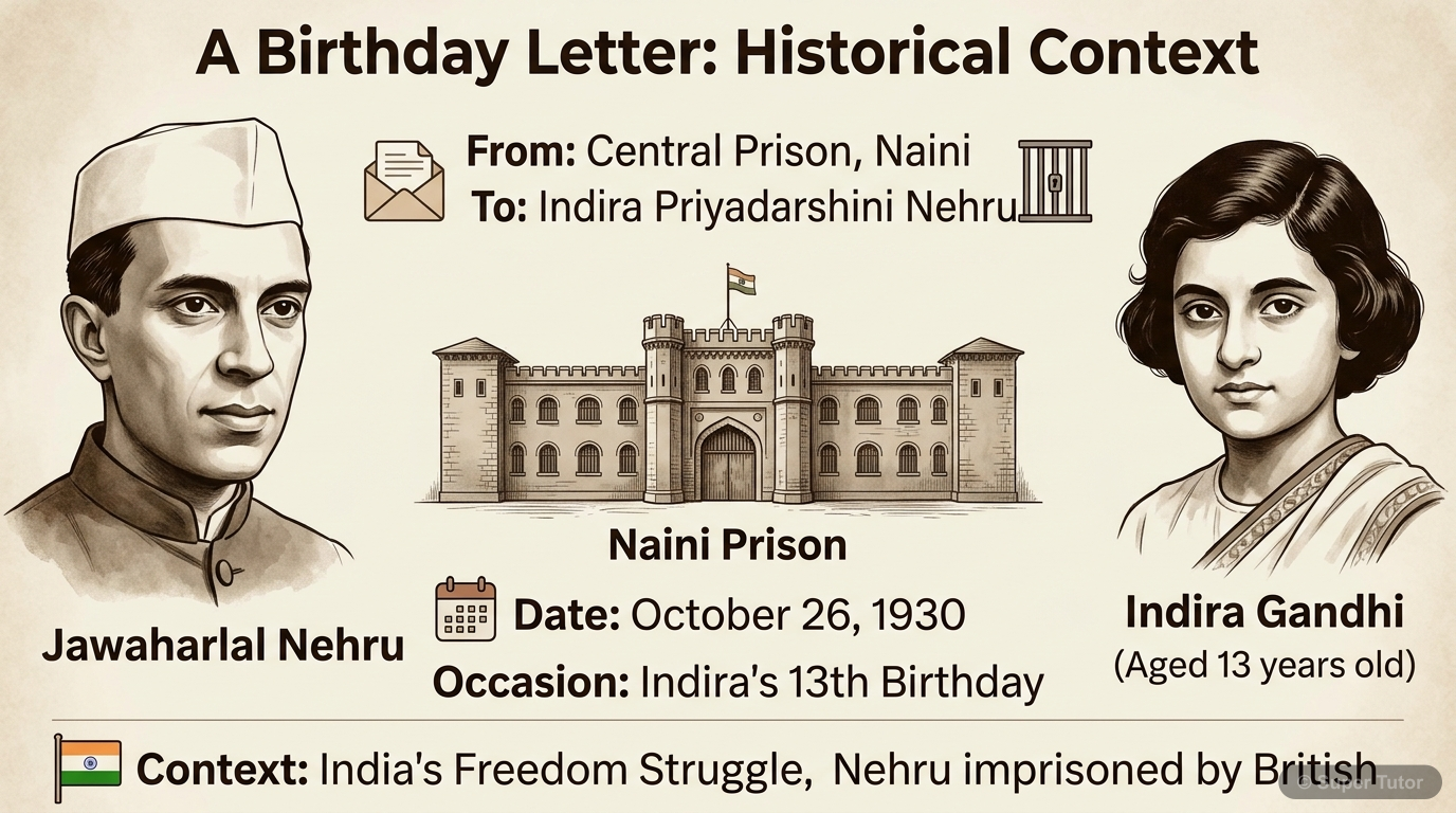 An infographic illustrating the key details surrounding Jawaharlal Nehru's letter to Indira on her 13th birthday, including the date, location (Naini Prison), and the political climate of India's free