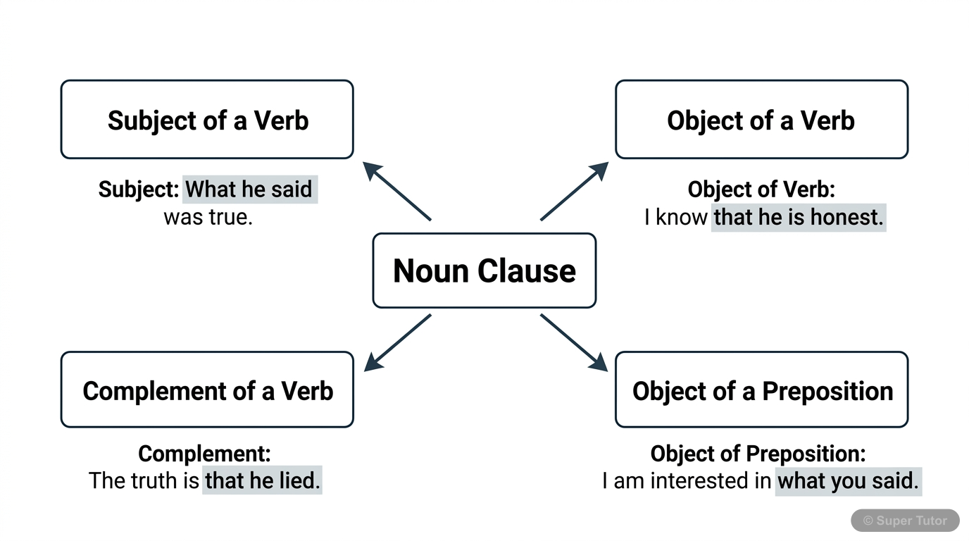 Functions of Noun Clauses A diagram illustrating the different grammatical functions of a noun clause (subject, object of verb, complement, object of preposition) with examples.