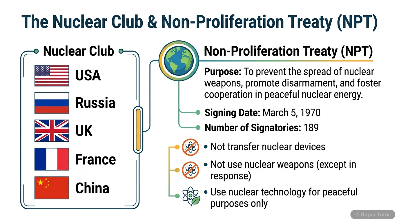 Nuclear Club and NPT Explained An infographic explaining the concept of the 'Nuclear Club' (nations possessing nuclear weapons) and the 'Non-Proliferation Treaty' (NPT), including its purpose and key agreements.