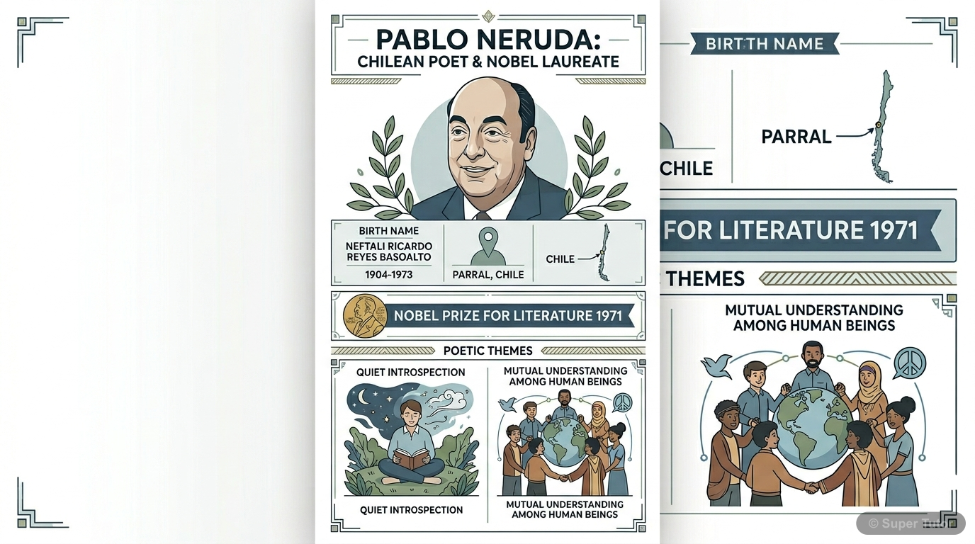 An infographic detailing key biographical information about Pablo Neruda, including his birth name, birthplace, Nobel Prize year, and key themes in his poetry.