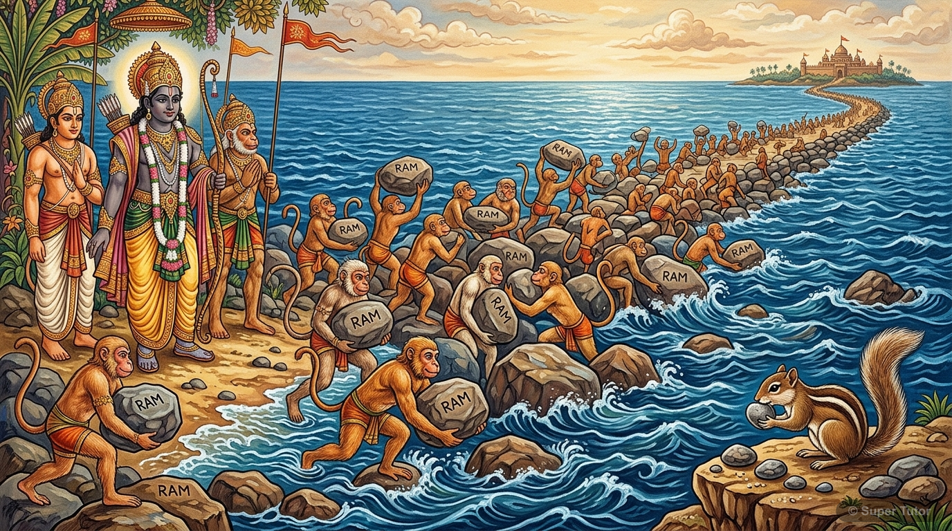 An illustration depicting Lord Rama's Vanara Sena (monkey army) building the bridge to Lanka, with monkeys carrying large rocks and a small squirrel diligently carrying pebbles. Highlights the contras