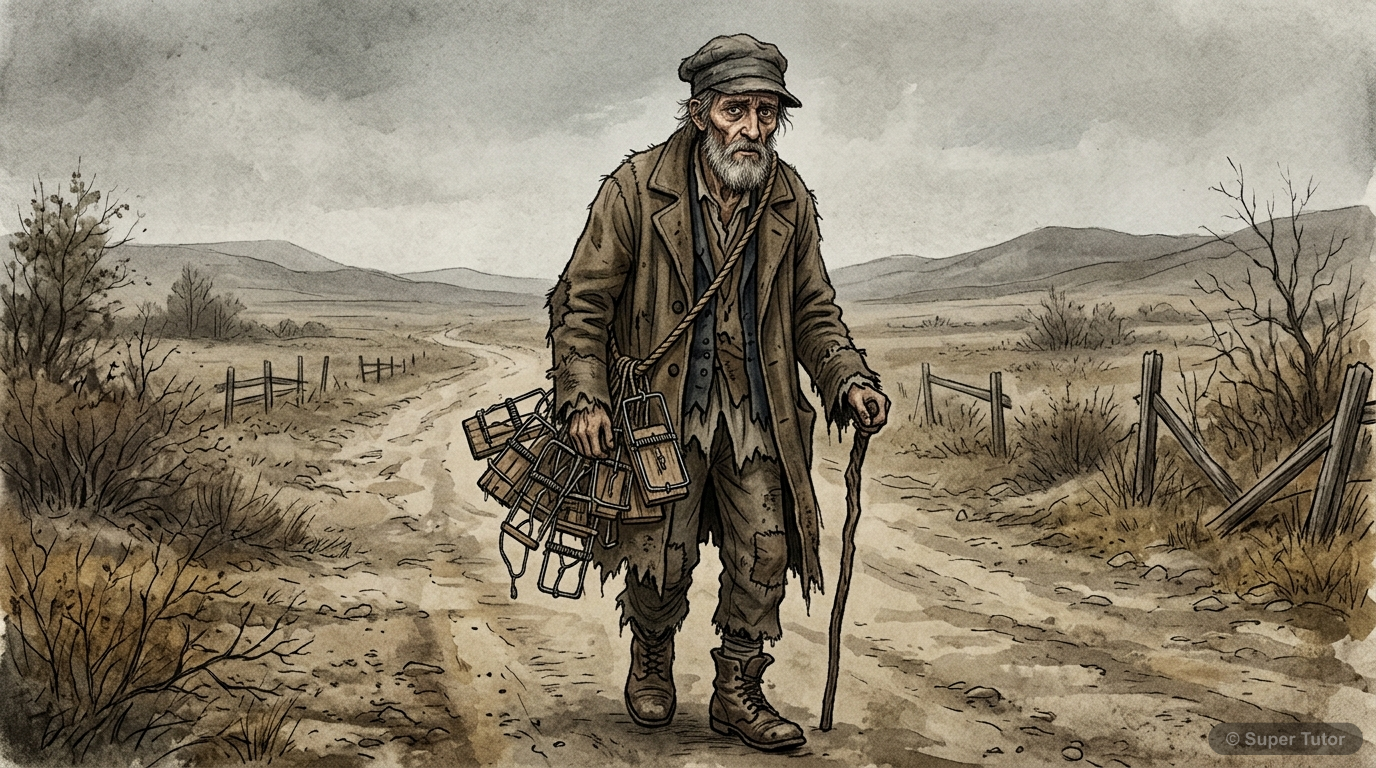 An illustration depicting the rattrap peddler in his initial state: ragged clothes, sunken cheeks, hunger in his eyes, carrying a bunch of wire rattraps, walking along a desolate road.