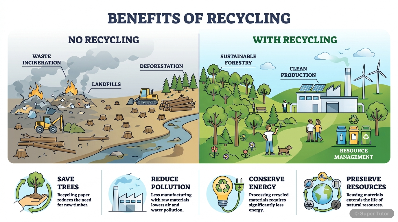 An infographic illustrating the multiple benefits of recycling, such as saving resources, reducing pollution, and conserving energy. It should visually represent the impact of recycling on trees, ener