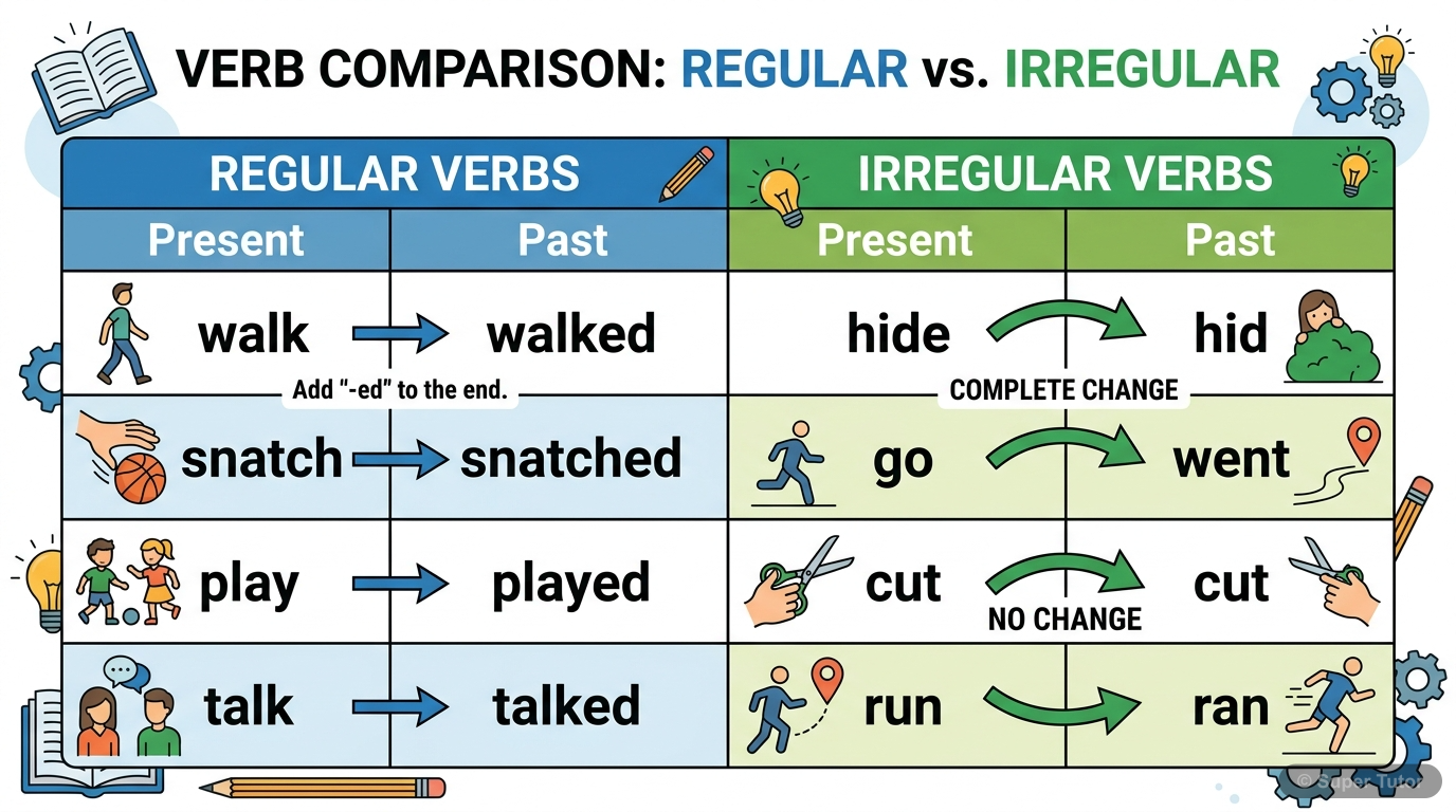 A comparison chart illustrating the formation of past tense for regular verbs (adding -d/-ed) and irregular verbs (changing form or staying the same).