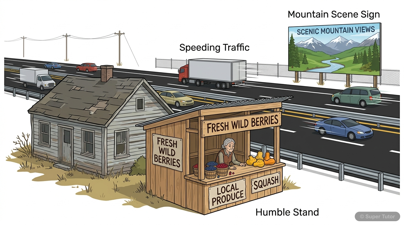 An illustration depicting a small, old house with a new shed in front, at the edge of a busy road where cars speed by. The shed has crudely painted signs. The overall scene conveys a sense of rural si