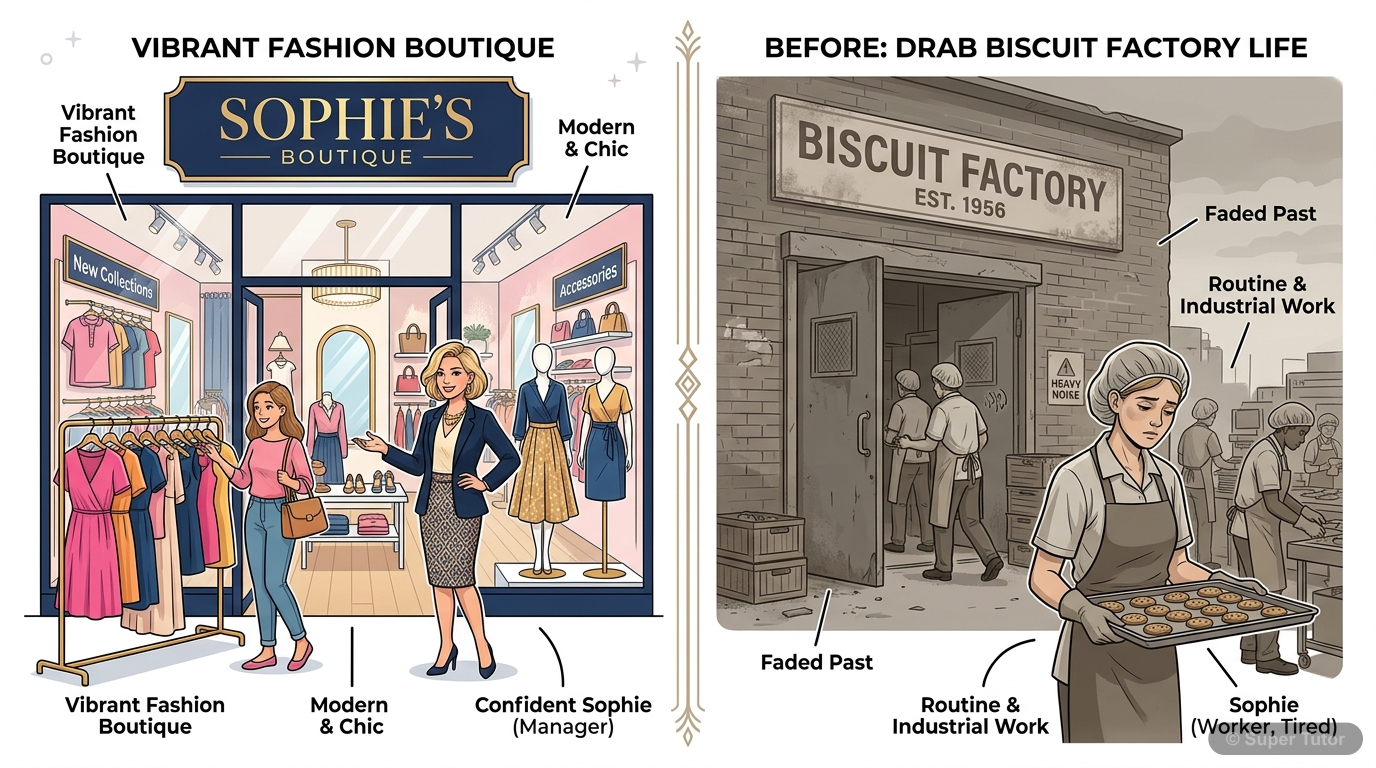 An illustration depicting Sophie's vivid imagination of her future boutique, contrasting with her current reality. The boutique should be stylish and modern, reflecting her 'Mary Quant' aspiration, wi