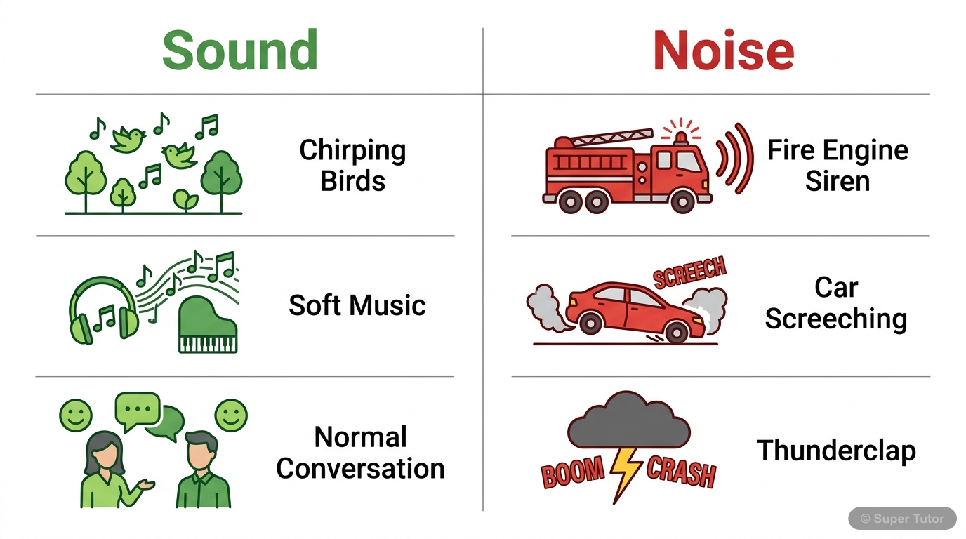 A comparison chart illustrating the difference between 'sound' (pleasant, tolerable) and 'noise' (unpleasant, harmful) with examples.