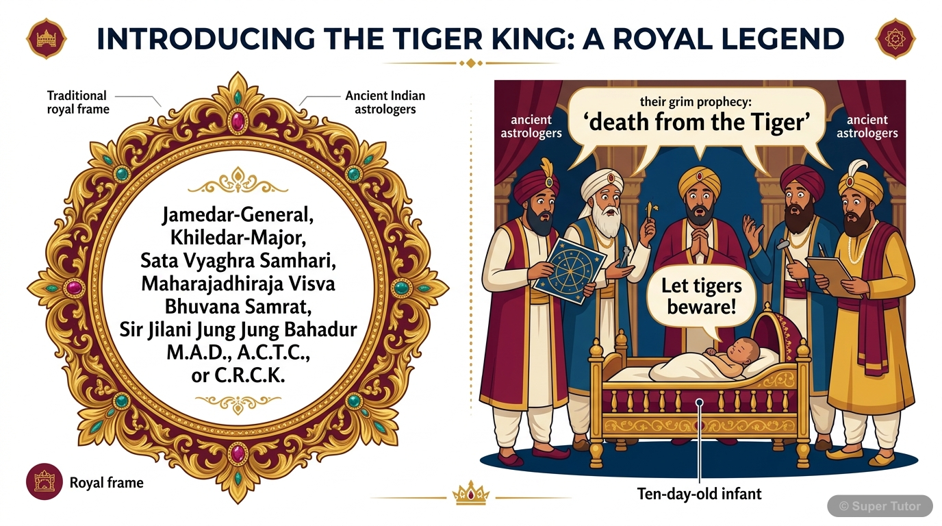 An infographic introducing the Tiger King, his full name, and the astrologer's prophecy about his death by a tiger, including the infant's miraculous speech.