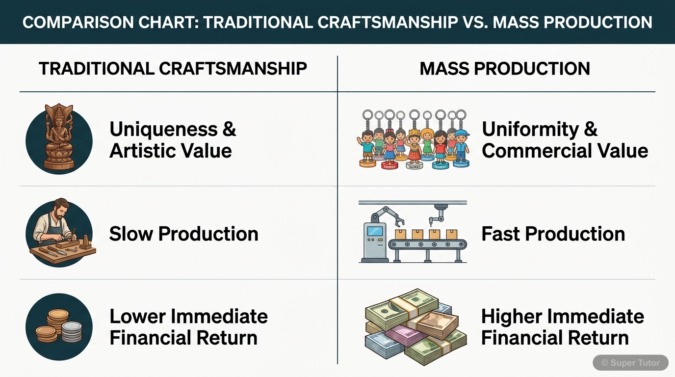 A comparison chart highlighting the differences between traditional craftsmanship (like the old stone mason's work) and modern mass production (like Gopal's desire for tourist items), focusing on aspe