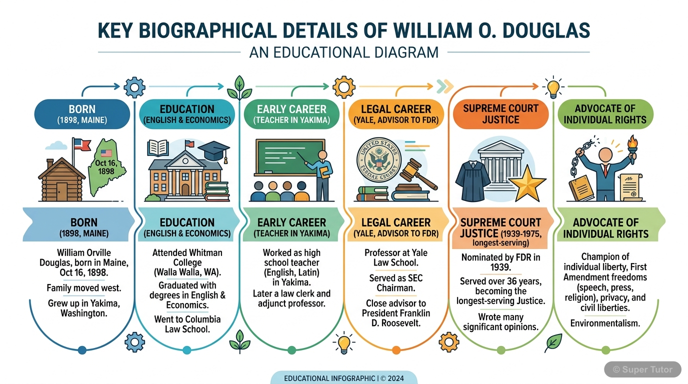 An infographic highlighting key milestones in William O. Douglas's life, including his birth, education, career as a high school teacher, legal career, role as an advisor to President Roosevelt, and h