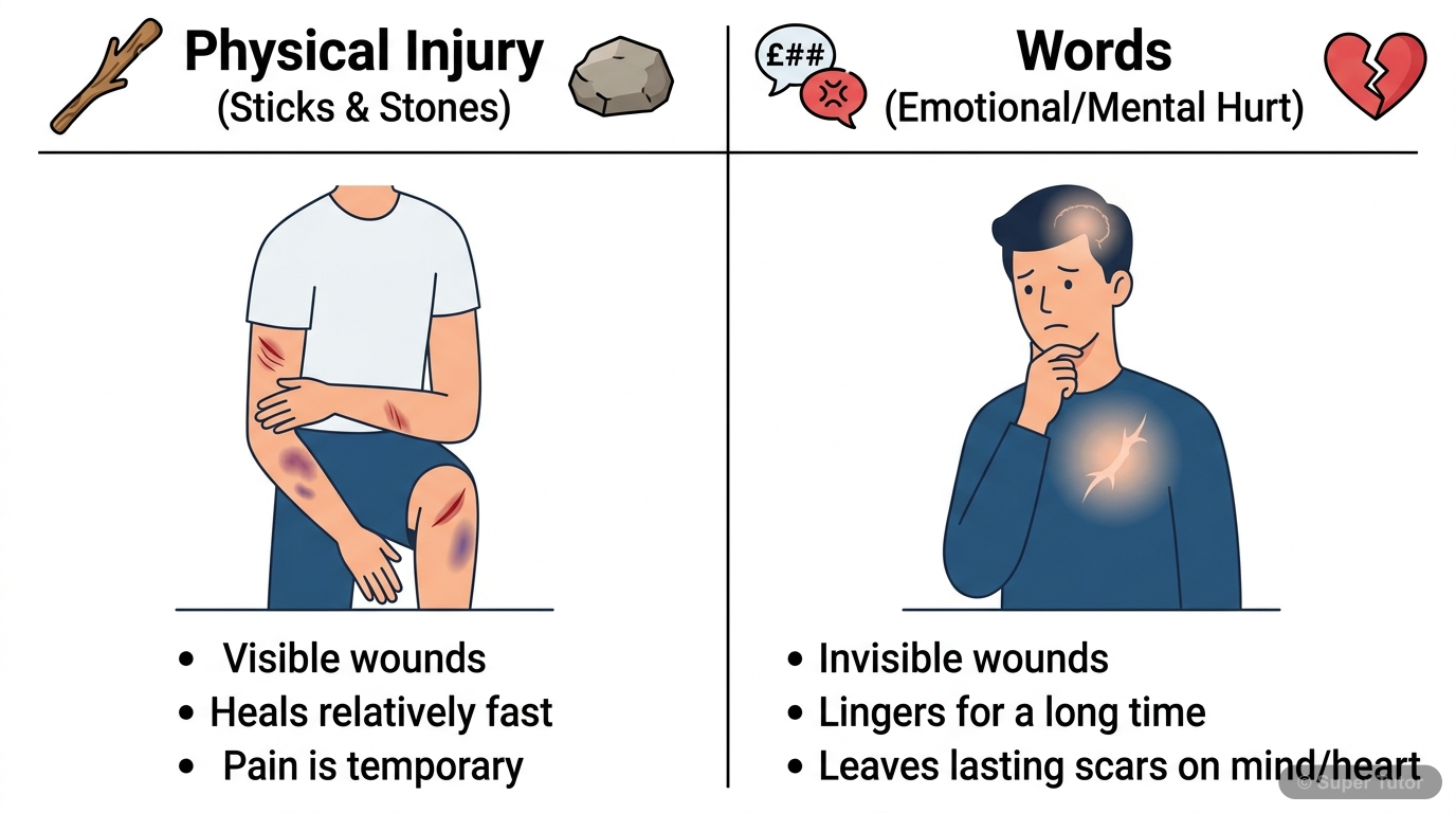 Impact of Words vs. Physical Injury A comparison chart illustrating the differing impacts of words (emotional/mental pain) and physical injuries (sticks, stones, bats, bricks) on a person, highlighting that physical wounds heal but word