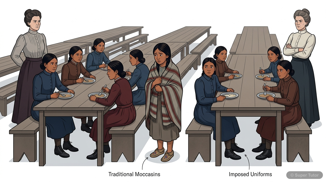 An illustration depicting the stark contrast between Zitkala-Sa's Native American culture and the mainstream American boarding school culture, focusing on her initial experiences.