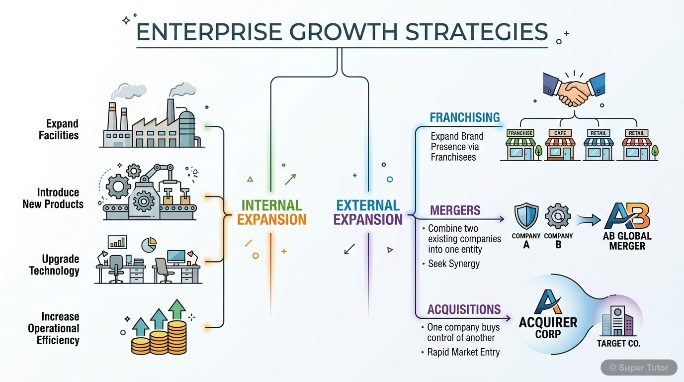 An infographic illustrating the two main categories of enterprise growth: Internal Expansion and External Expansion, with External Expansion further branching into Franchising, Mergers, and Acquisitio