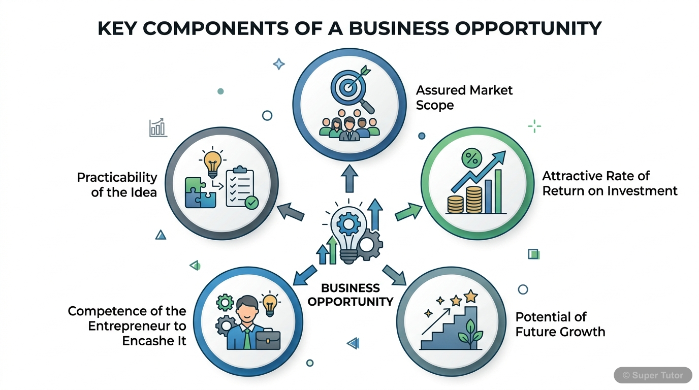 A diagram illustrating the five key elements that define a viable business opportunity: assured market scope, attractive rate of return, practicability, entrepreneur's competence, and potential for fu
