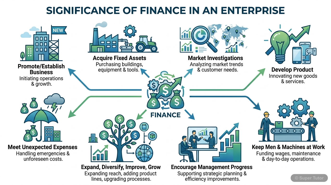 An infographic illustrating the various reasons why finance is crucial for an entrepreneur and business, from promotion to expansion and meeting unexpected expenses.