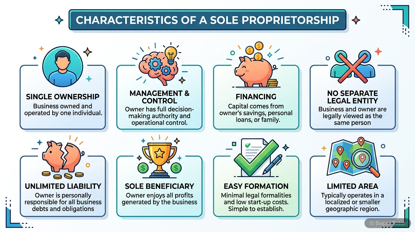 Characteristics of Sole Proprietorship An infographic detailing the key features of a sole proprietorship, such as individual ownership, management, financing, no separate legal entity, unlimited liability, sole beneficiary, easy formation