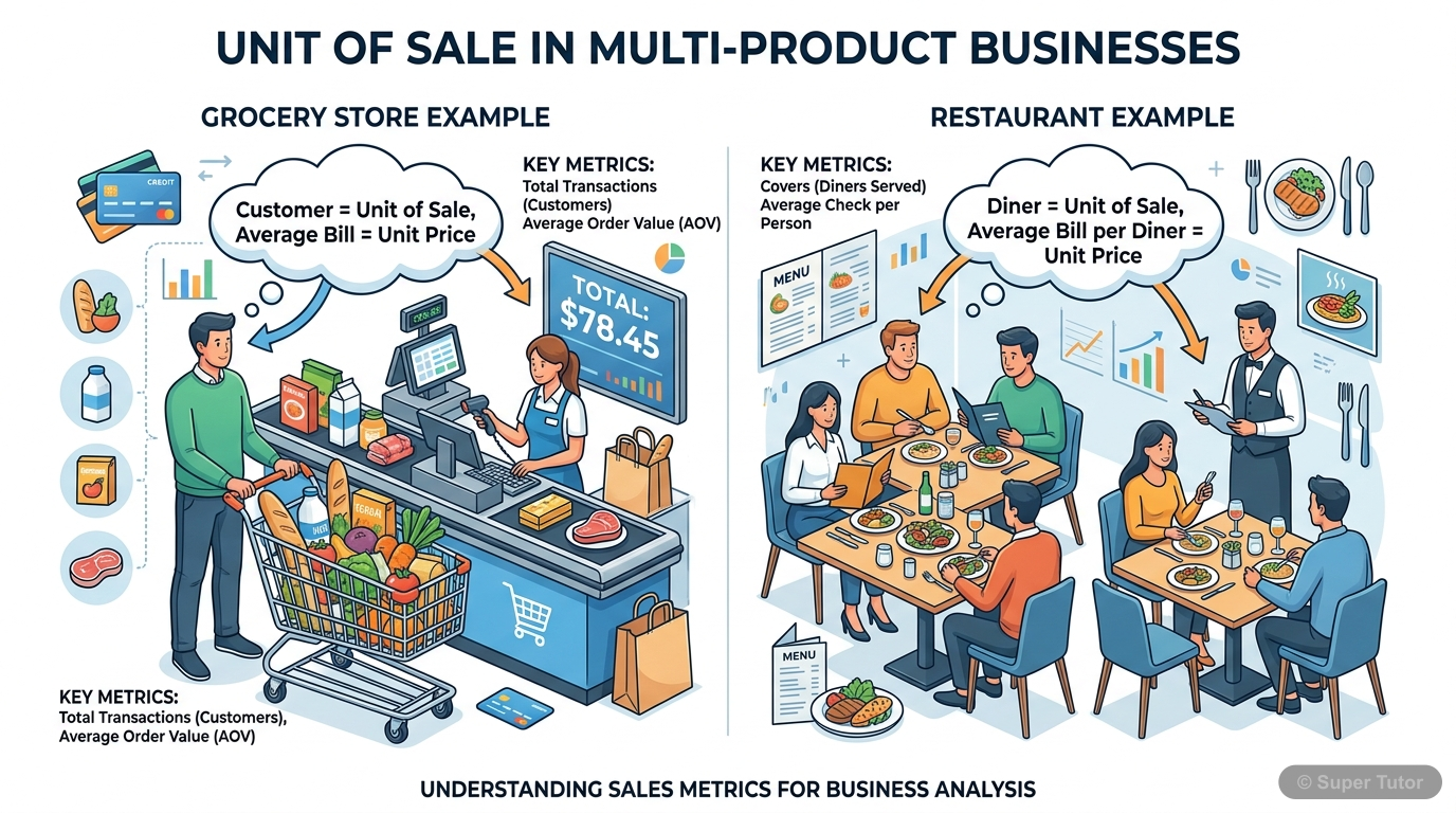An infographic explaining how 'Unit of Sale' is determined in businesses selling multiple products or services, using examples like a grocery store (customer as unit) and a restaurant (diner as unit).
