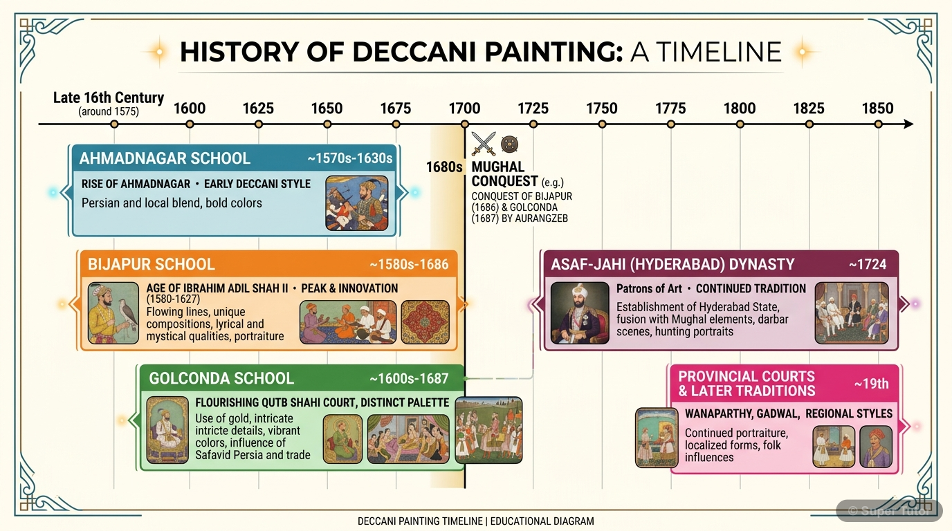 Timeline of Deccani Painting Schools A timeline showing the key periods and major schools (Ahmadnagar, Bijapur, Golconda, Hyderabad) of Deccani painting, highlighting their active years and the Mughal conquest's impact.