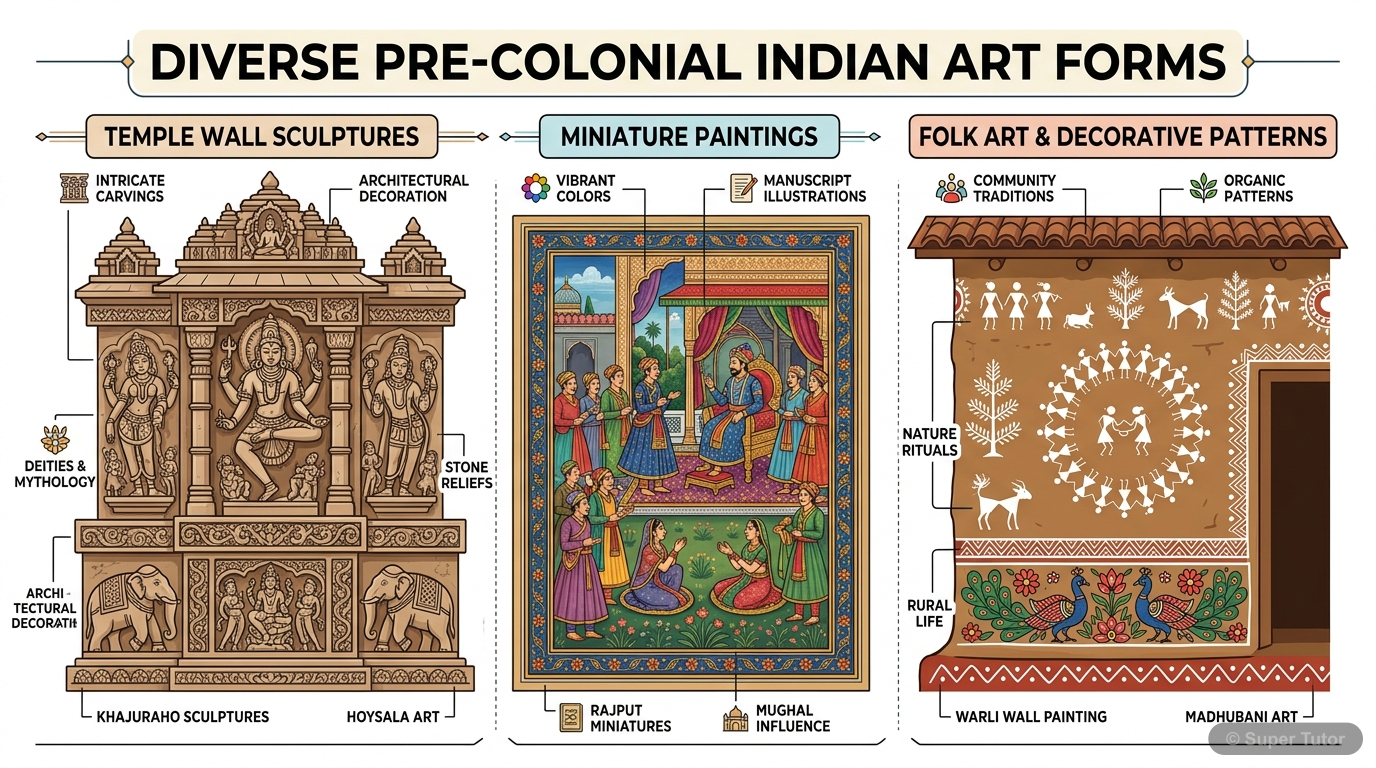 Pre-Colonial Indian Art Forms An infographic showcasing various forms and purposes of art in India before British colonial rule, such as temple sculptures, miniature manuscript paintings, and village house decorations.