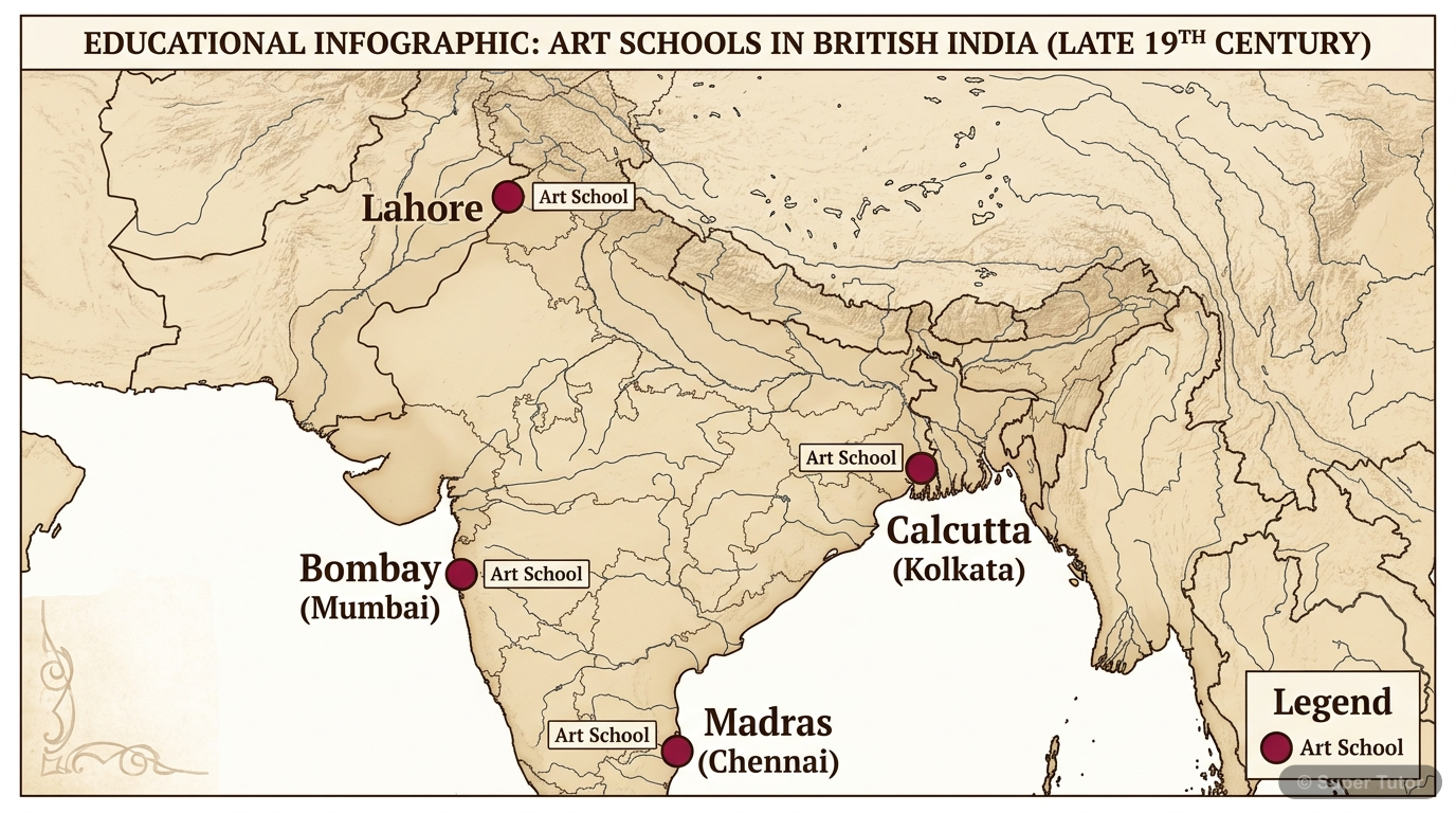 A map showing the locations of the first art schools established in major Indian cities during the mid to late 19th century, highlighting their role in promoting traditional crafts and academic art.