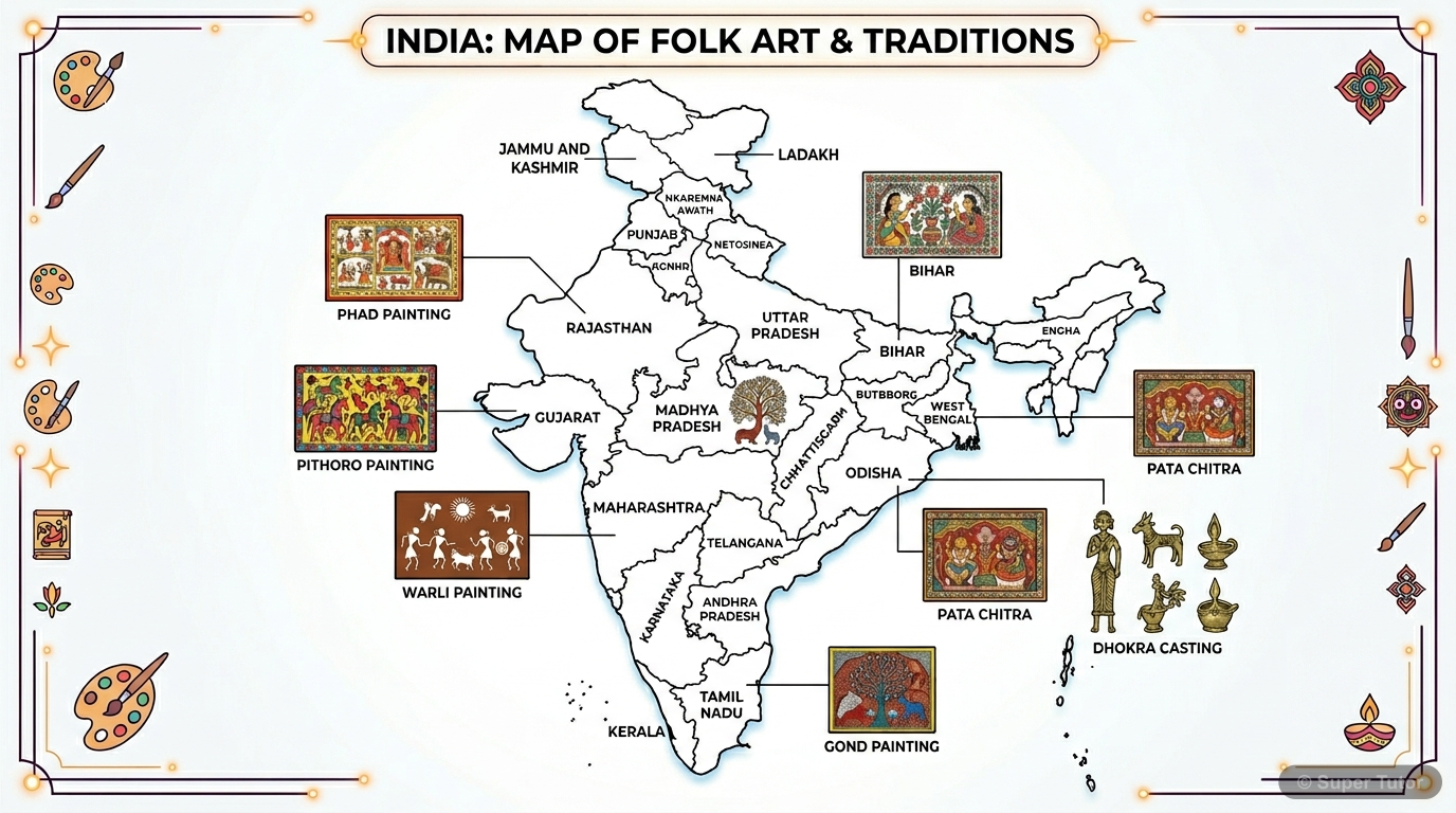 Diversity of Indian Folk Art Traditions An infographic map of India highlighting different regions and their associated traditional art forms like Mithila, Warli, Gond, Pithoro, Pata, and Phad paintings, and Dhokra casting, showing the geog
